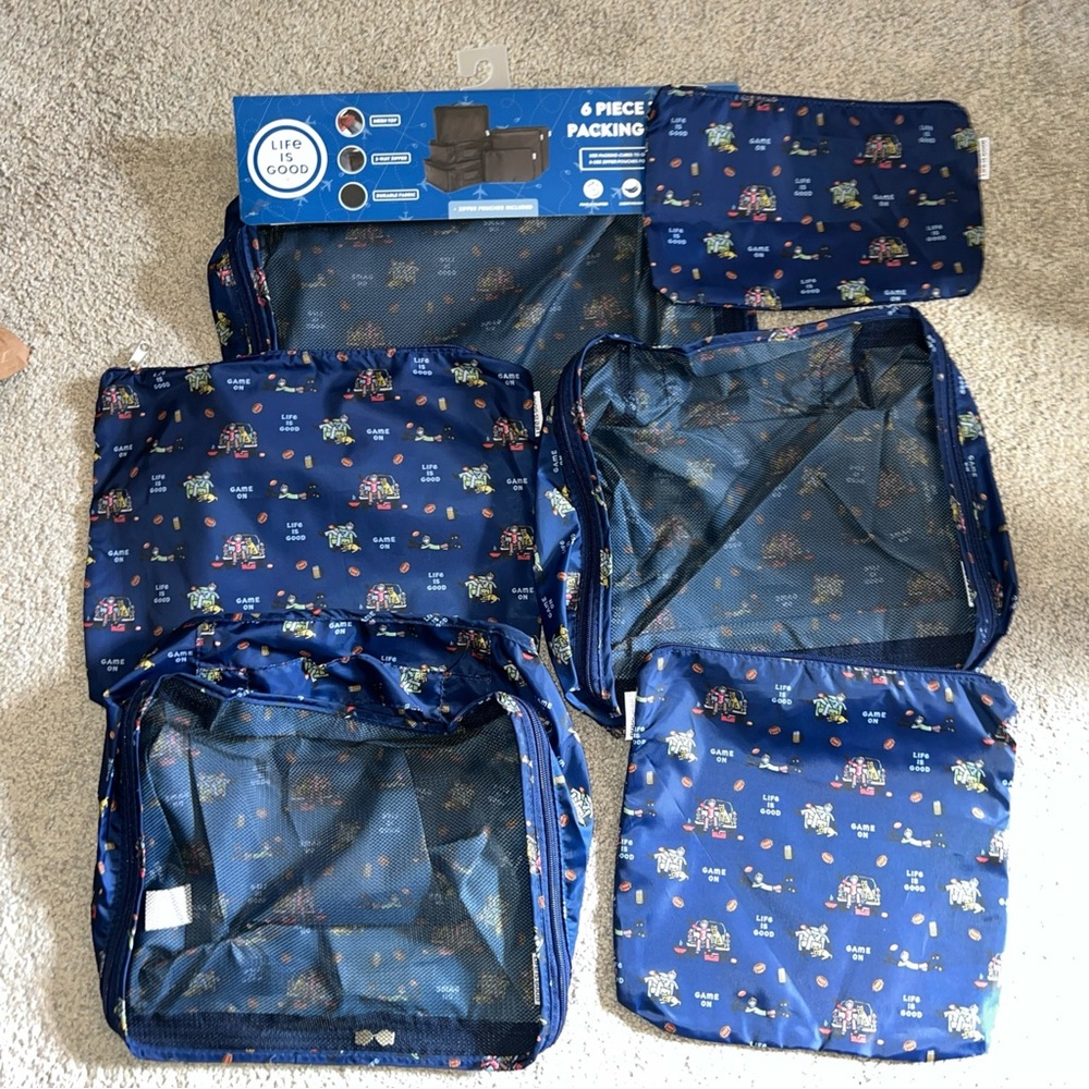 NWT Life Is Good 6 Piece Travel Packing Cube Set Zip Pouches Game On Football